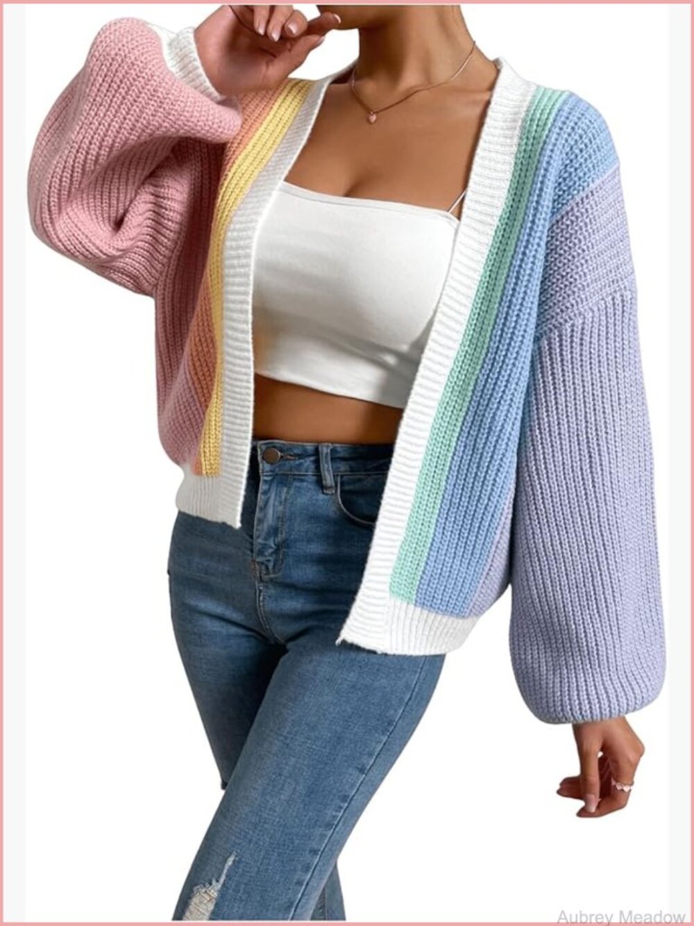 Color Block Open Front Cropped Cardigan Sweater